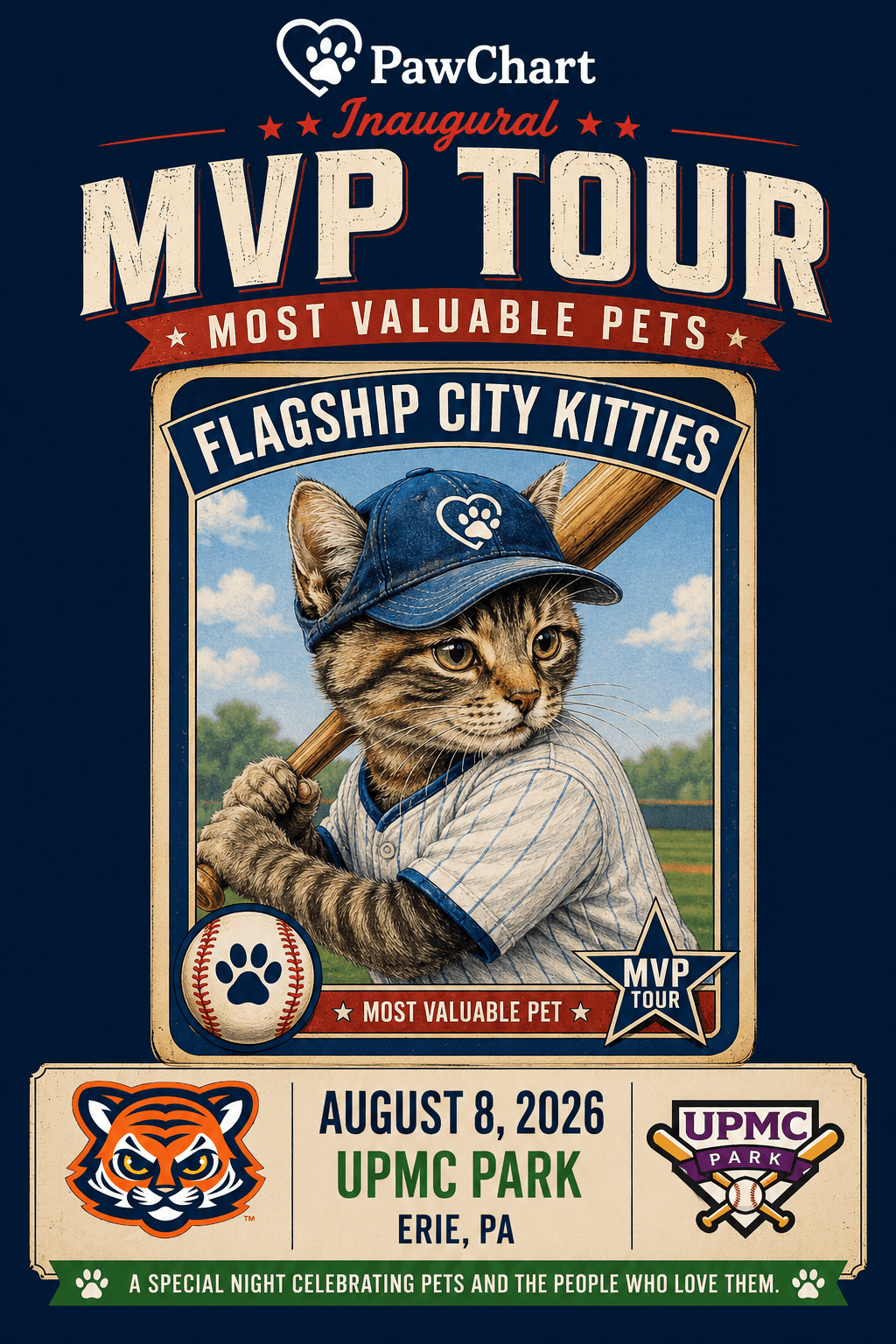 PawChart MVP Tour flyer — Flagship City Kitties Night at UPMC Park, Erie PA, August 8 2026